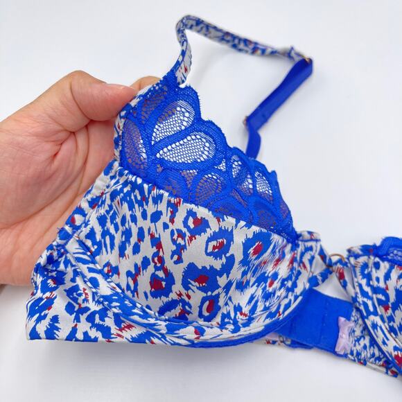 Fenty X Savage Blue Graphics Satin Not Sorry Half Cup Bra Size 32A - Picture 3 of 5